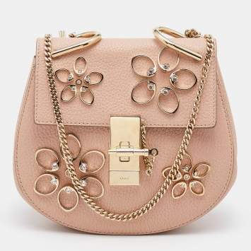 Pre Owned Chloe Pink Leather Floral Metal Embellished Mini Drew Crossbody Bag