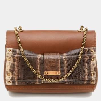 Pre Owned Chloe Brown Leather and Karung Leather June Bow Chain Shoulder Bag