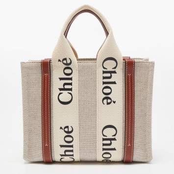 Pre Owned Chloe Brown/Beige Canvas and Leather Small Woody Tote