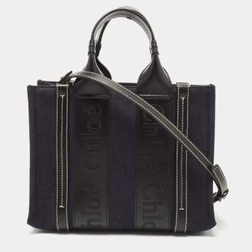 Pre Owned Chloe Navy Blue/Black Canvas and Leather Small Woody Tote