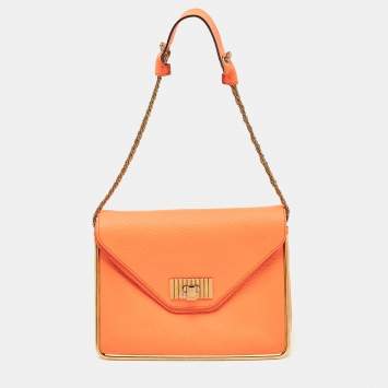Pre Owned Chloe Neon Orange Pebbled Leather Medium Sally Flap Shoulder Bag