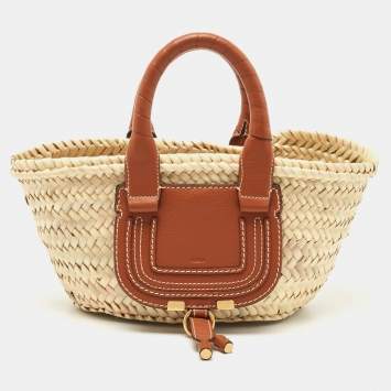 Pre Owned Chloe Brown/Natural Raffia and Leather Mini Marcie Basket Bag