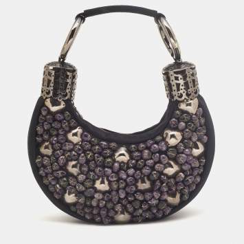 Pre Owned Chloe Black/Purple Satin Stone Beads Embellished Crescent Hobo