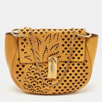 Pre Owned Chloe Mustard Pineapple Perforated Leather Medium Drew Shoulder Bag