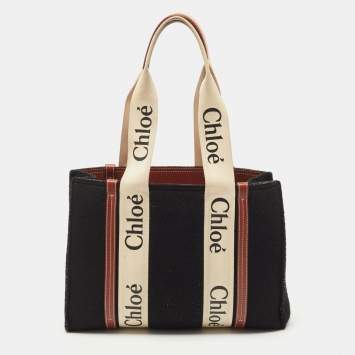 Pre Owned Chloe Black/Beige Wool and Leather Medium Woody Tote