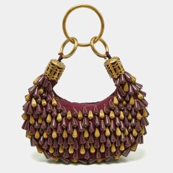 Pre Owned Chloé  Burgundy Beaded Canvas Ring Handle Hobo
