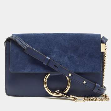 Pre Owned Chloe Navy Blue Leather and Suede Small Faye Shoulder Bag