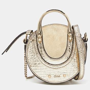 Pre Owned Chloe Gold/Beige Leather and Suede Mini Pixie Round Shoulder Bag