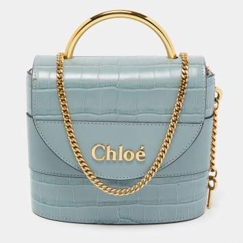 Pre Owned Chloe Pale Blue Croc Embossed Leather Aby Lock Crossbody Bag