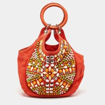 Pre Owned Chloe Orange Canvas and Leather Embellished Ring Handle Bag 