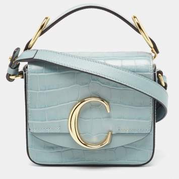 Pre Owned Chloe Light Blue Croc Embossed Leather Mini C Top Handle Bag