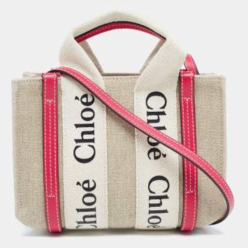 Pre Owned Chloe Pink/Beige Canvas and Leather Mini Woody Tote