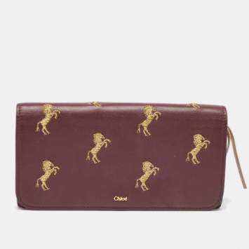 Pre Owned Chloe Burgundy Leather Horse Embroidered Flap Continental Wallet