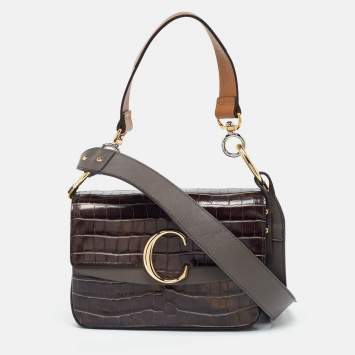 Pre Owned Chloe Tri Color Croc Embossed Leather C Top Handle Bag