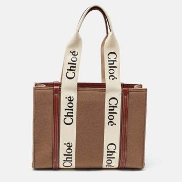 Pre Owned Chloe Brown/Beige Wool and Leather Medium Woody Tote