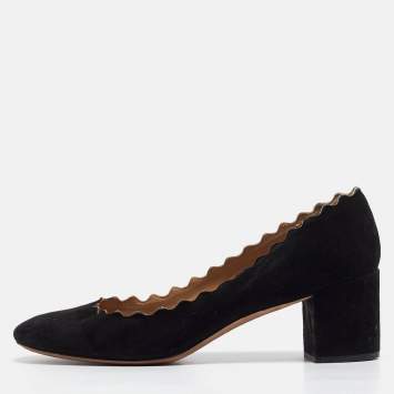 Pre Owned Chloe Black Suede Lauren Scallop Trim Block Heel Pumps Size 37