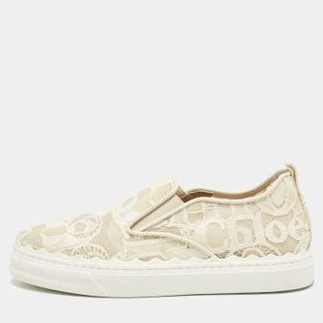 Pre Owned Chloe White Floral Lace and Mesh Scalloped Accent Slip On Sneakers Size 39