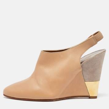 Pre Owned Chloe Beige/Grey Leather and Suede Wedge Slingback Pumps Size 34