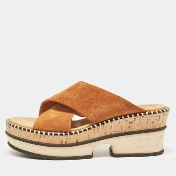 Pre Owned Chloe Brown Suede Crisscross Platform Slide Sandals Size 37