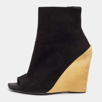 Pre Owned Louis Vuitton Black Suede Wedge Ankle Length Boots Size 38