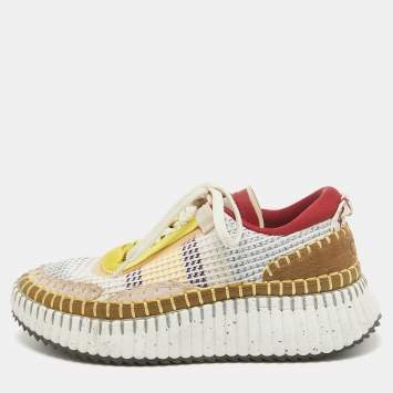 Pre Owned Chloe Multicolor Knit Fabric and Suede Nama Sneakers Size 39