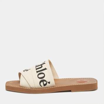 Pre Owned Chloe Cream Knit Fabric  Woody Flat Slides Size 37