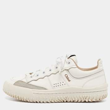 Pre Owned Chloe White/Grey Leather and Suede Lace Up Sneakers Size 37