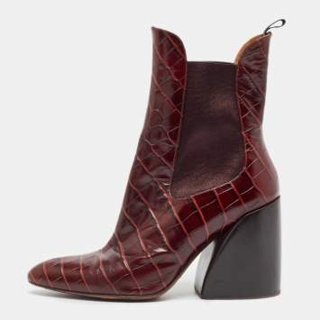 Pre Owned Chloe Burgundy Croc Embossed Leather Ankle Length Boots Size 39