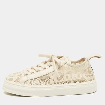 Pre Owned Chloe Cream Lace and Leather Lauren Lace Up Sneakers Size 38