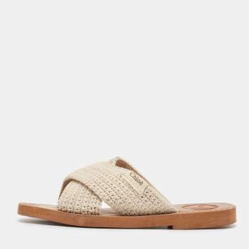 Pre Owned Chloe Off White Knit Fabric Woody Flat Sandals Size 38