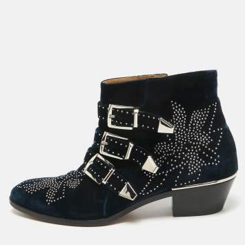 Pre Owned Chloe Dark Blue Velvet Susanna Ankle Boots Size 40