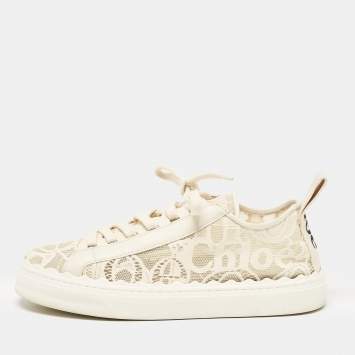 Pre Owned Chloe Light Beige Lace and Leather Lauren Low Top Sneakers Size 41