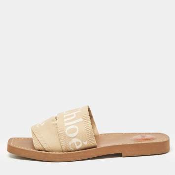 Pre Owned Chloe Beige Canvas Woody Flat Slides Size 38