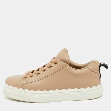 Pre Owned Chloe Beige Leather Lauren Scalloped Low Top Sneakers Size 39