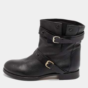 Pre Owned Chloe Black Leather Buckle Detail Ankle Boots Size 38.5