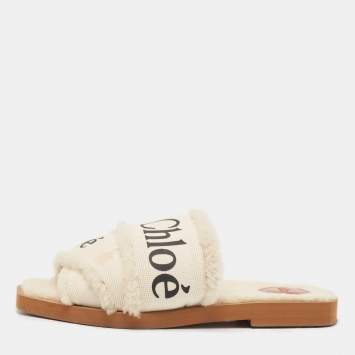 Pre Owned Chloe White Canvas and Shearling Woody Flat Sandals Size 37