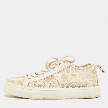 Pre Owned Chloe Cream Lace and Leather Lauren Low Top Sneakers Size 41