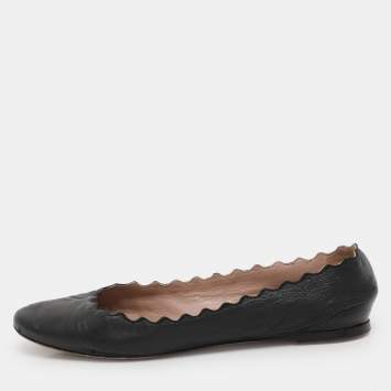Pre Owned Chloe Black Leather Laurena Scalloped Ballet Flats Size 36