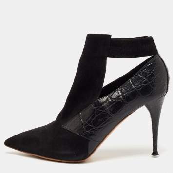 Pre Owned Chloe Black Croc Embossed Leather and Suede Ankle Length Boots Size 36