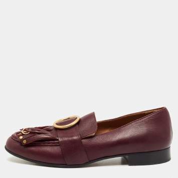 Pre Owned Chloe Burgundy Leather Fringe Gold Tips Details Slip On Loafers Size 40