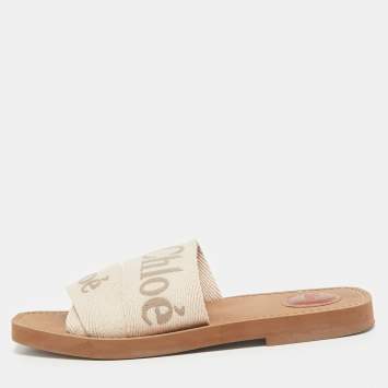 Pre Owned Chloe Beige Canvas Logo Ribbon Woody Flat Slide Sandals Size 37