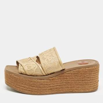 Chloe Beige Canvas Logo Print Woody Wedge Platform Slide Sandals Size 39