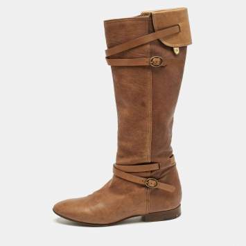 Pre Owned Chloe Brown Leather Strappy Buckle Knee Length Boots Size 38.5