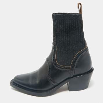 Chloe Black Leather and Fabric  Ankle Boots Size 38