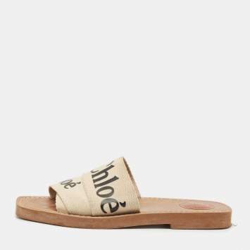 Chloe Beige Canvas Logo Ribbon Woody Flat Slide Sandals Size 37