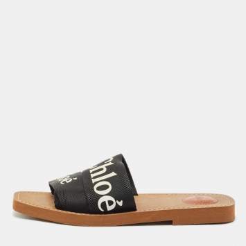Chloe Black Canvas Logo Ribbon Woody Flat Slide Sandals Size 39