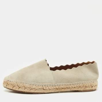 Pre Owned Chloe Light Grey Suede Scalloped Accent Espadrille Flats Size 38