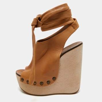Pre Owned Chloe Tan Leather Ankle Wrap Platform Wedge Sandals Size 36