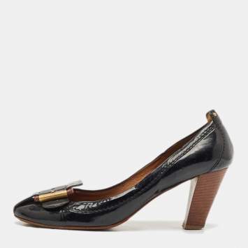 Pre Owned Chloe Black Patent Leather Buckle Detail Block Heel Pumps Size 41