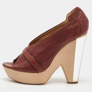 Chloe Brown Leather Lucite and Wood Chunky Heel Platform Pumps 37.5